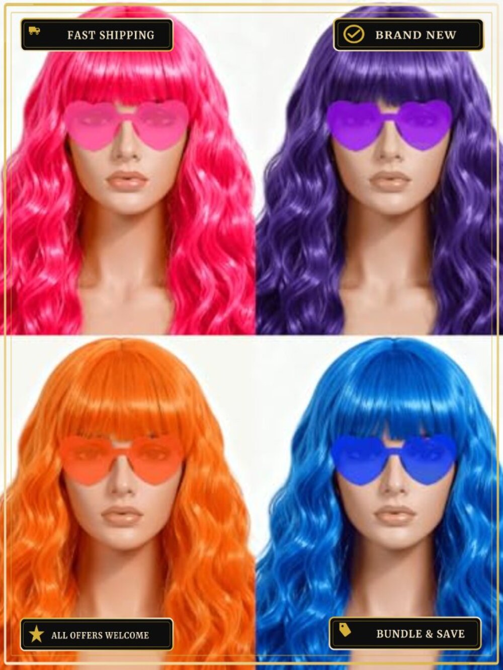 Long Curly Synthetic Wig Set with Heart Sunglasses and Hair Cap